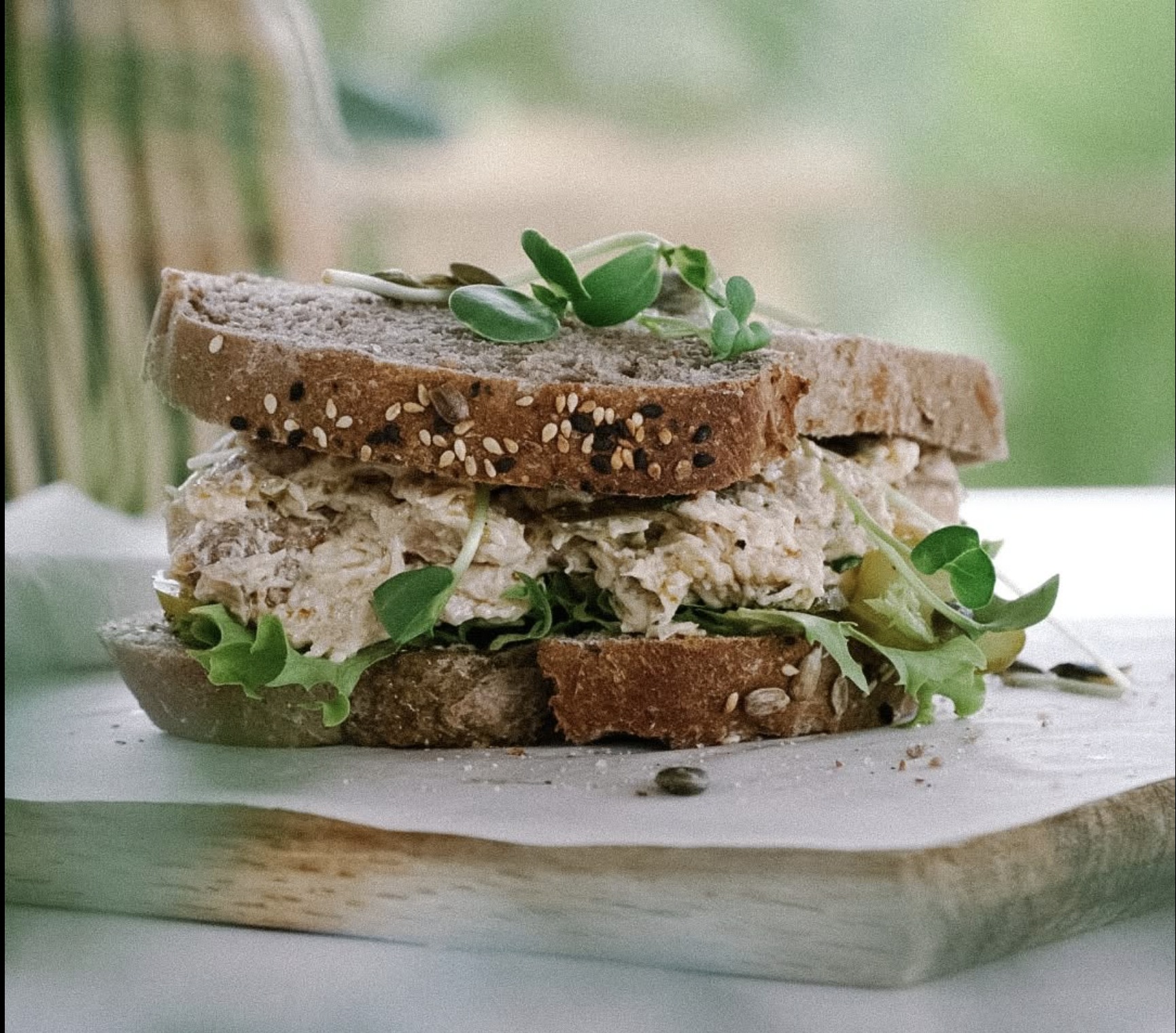 Rotisserie chicken sandwich on seeded loaf