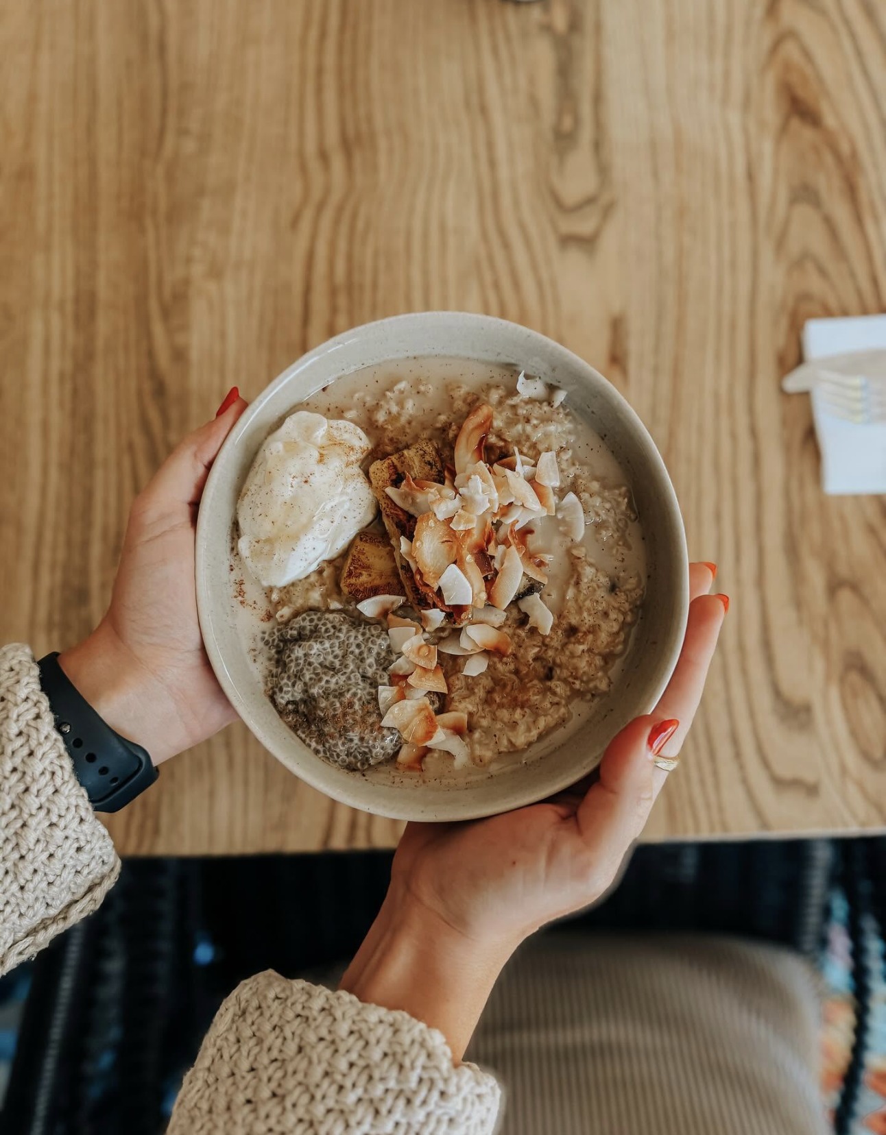 Warm oats bowl with coconut and chia